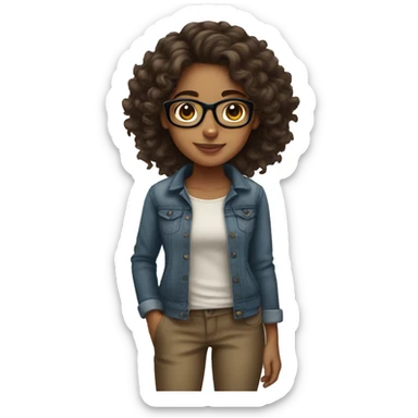 Hispanic brown skin girl with long curly hair and glasses sticker