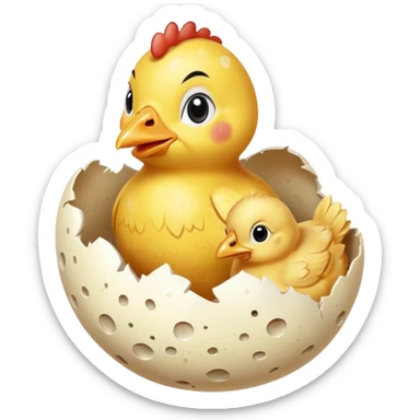 a cracked egg with a baby chicken emerging sticker