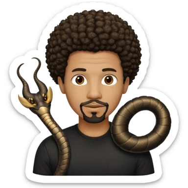 Homme noir, yeux marron avec un bouc sans la moustache, cheveux court et bouclé crépus avec un dégradé sur le côté, avec un cobra à côté , t-shirt noir  sticker