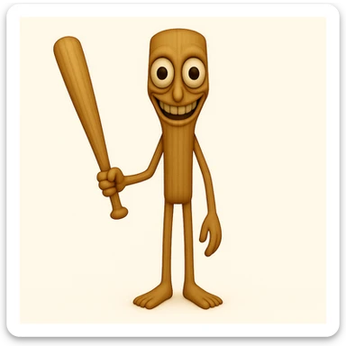 Make the stump character much skinnier and longer, with a face that is even creepier—large, wide, staring eyes and an exaggerated unsettling smile, closely matching the new reference image. Keep arms and legs, holding a baseball bat. Render in emoji style. sticker