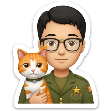 Veterinario hombre trigueño con lentes, con cabello negro, y con uniforme veterinario color verde militar cargando un gato naranja sticker