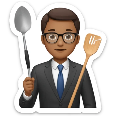 man with glasses wearing a suit and holding a spatula sticker