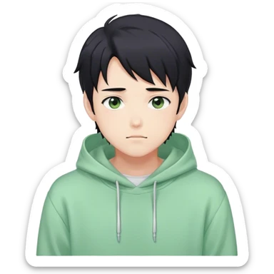 Gorgeous pastel green sweater black hair anime style shojo guy with blushing face and, hoodie, aesthetic, young adult, trending style outside  sticker