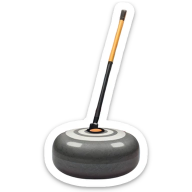 An icon featuring a curling stone in the foreground on an ice sheet with marked target circles. A curling broom rests nearby. In the background, a grand indoor stadium with bright lights and cheering fans. The ice reflects the vibrant colors of the surroundings. Transparent background. sticker