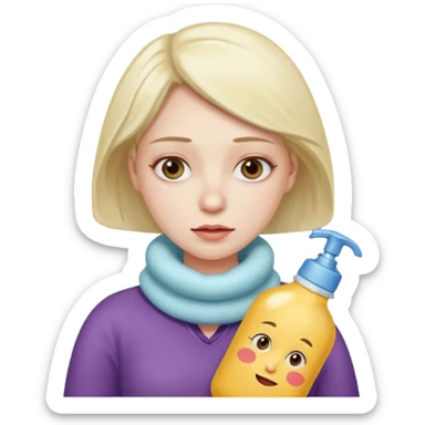 woman with a pained expression and a hot water bottle sticker