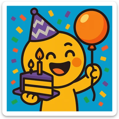 Change the party hat to purple with silver zigzags, keep the rest of the emoji the same, bright cartoon style with confetti background. sticker