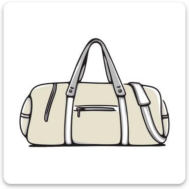 A sports duffel bag with straps and pockets in pastel colors (dd9fb0, ffc6d3, a3bfc9, c4bee2, f1b091), hand-drawn doodle style sticker