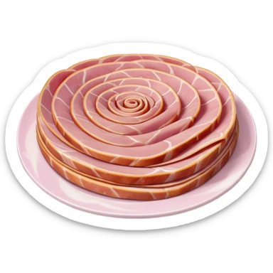 cooked ham, thin folded slices, pale pink, smooth edges, glossy moist, natural curve, gentle folds, white fat marbling, uniform delicate color, no bread, plate, packaging, or faces, clean 3D, soft shadows, transparent background, emoji scale sticker