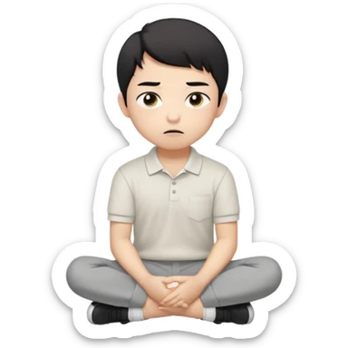 A cartoon young Asian boy with short black hair, light beige skin, and large expressive eyes, wearing a white polo shirt, gray pants, and black shoes. He sits cross-legged on the ground, one fist resting on his cheek, with a closed-mouth smirk. Clean lines, flat colors, solid black background. sticker