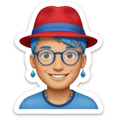 unique looking tourist with big unique red tourist fedora and earrings, man with lots of tattoes and spectacles, blue hair showing sticker