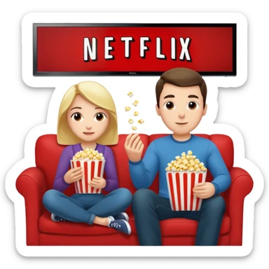 Crea un emoji dove un uomo e una donna mangiano i pop corn su un divano e guardano la tv, nella tv ci deve essere scritto netflix sticker