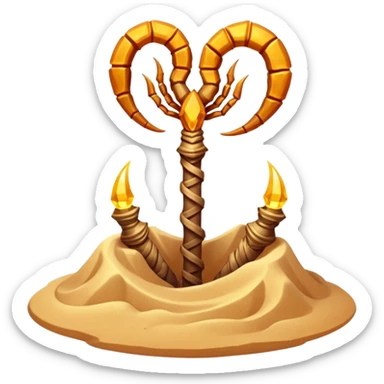 desert sand mage staff object icon, staff topped with a scorpion-shaped sand crystal, glowing amber aura, tribal desert carvings, floating sand dust, 3D cartoon, mobile game icon style, centered, clean background, no text, no watermark
 sticker