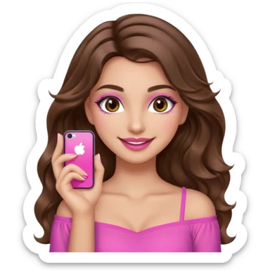 girl with long wavy brown hair, brown eyes, long lashes makeup, sexy pink lips, light to medium complexion, pink sexy top, smiling, hand by the cheek sticker