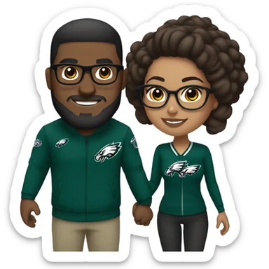 Brown guy and brown girl with glasses and hair in a bun in Philadelphia eagles clothes holding hands sticker