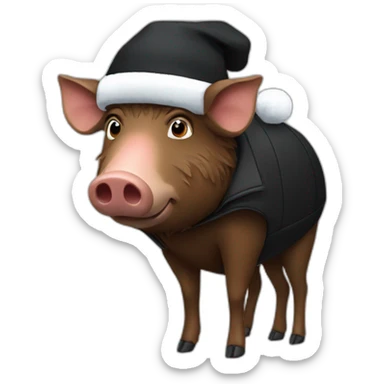 a wild tired brown boar in a black jacket and a black winter hat sticker