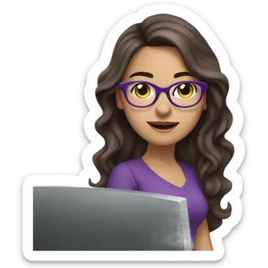 Beautiful brunette white skin wavy long hair  girl working on a computer with purple glasses sticker