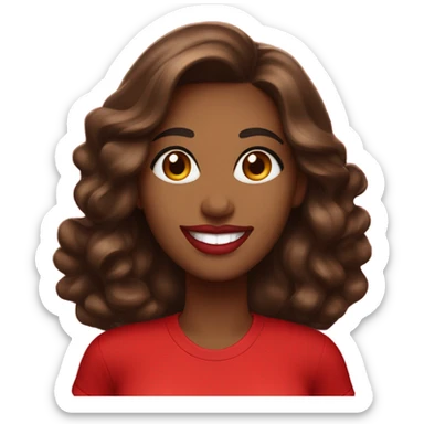 brown lady smiling, medium brown long wavy hair, bright red lips, eyelashes, wearing red “happy Valentine’s Day” t shirt sticker