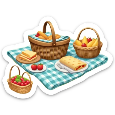 picnic scene with a blanket, basket, and food outdoors sticker