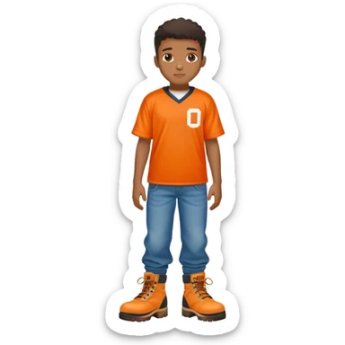 Black boy with dress wearing a footskaball orange jersey and baggy jeans with timbs sticker