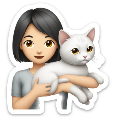 asian with Short black hair girl holding cat grey color sticker