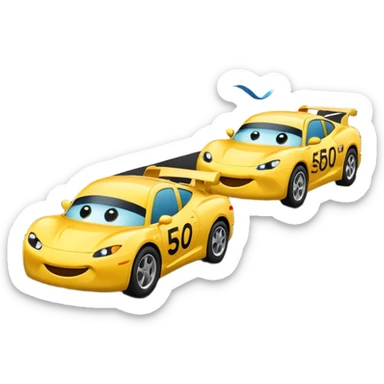 Two emoji-style cars racing toward a finish line labeled “$20K”, one labeled “$500/mo” and the other “$1000/mo”, energetic motion and speed lines sticker