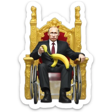 furious vladimir putin monke rides golden wheelchair throne holding a banana sticker