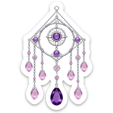 Epic Hanging silver suncatcher, chains and threads with shiny sparkly amethyst and rose-quartz gemstones,  sticker