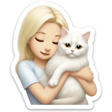 Blonde girl snuggling white Persian cat sticker