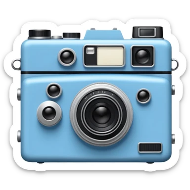 A hand-drawn doodle in a minimalist, cartoon style of a [vintage camera]. The object is white with thick, rough, black marker outlines and two small black dot eyes. It is a simple sketch with no realistic textures, centered on a solid [blue] circular background." sticker