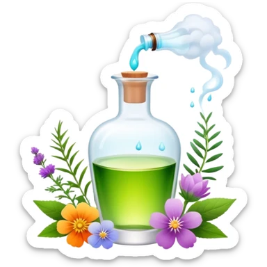 Perfume making icon, delicate glass bottle being filled with colorful essential oils from droppers, swirling mist rising from the bottle, flowers and herbs nearby, minimalistic style, clean lines, transparent background. sticker