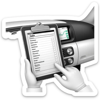 A dashboard view with radio, gloves, and medical chart on clipboard.
 sticker