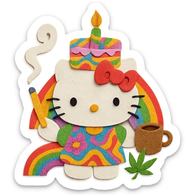 psychedelic maximalist birthday with Hello Kitty, Sunny in Philadelphia, coffee, cigarettes, weed, rainbow palette, trippy patterns sticker