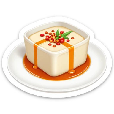 Sichuan Doufu Hua soft tofu pudding with spicy sauce, simplified emoji style with bold outlines and bright colors, cartoon style savory tofu dessert sticker