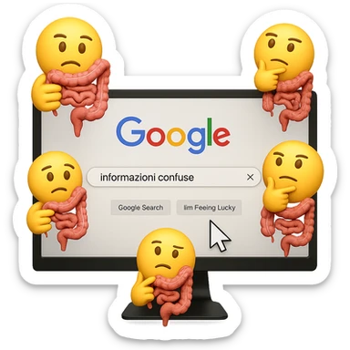 SCHERMO DI PC CON LA SCRITTA "informazioni confuse" SULLA BARRA DI RICERCA GOOGLE SULLO SCHERMO E IL CLICK DEL MOUSE SULLA SCRITTA CERCA, stile emoji iphone fluttuano in aria stringendo in mano un pezzo di colon intestinale, iperrealistico 4k sticker