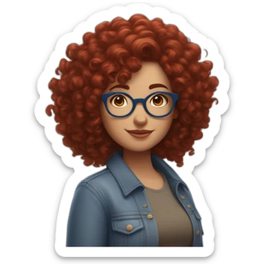 A curvy girl with dark red curly hair and blue glasses in full body in Pixar style sticker
