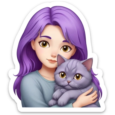Purple haired girl snuggling grey Persian catemoji sticker