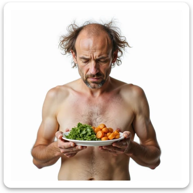 realistic man, fragile hair and dry skin, downcast expression, plate with only vegetables, caption in Italian: “Dieta senza grassi salutari: compromissione estetica”, isolated on white background sticker
