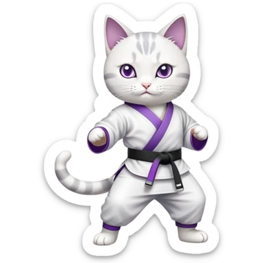 Cat Cartoon of a white and gray cat with violet eyes, standing on two legs, wearing white martial arts attire and a black belt. Asian dojo background. sticker