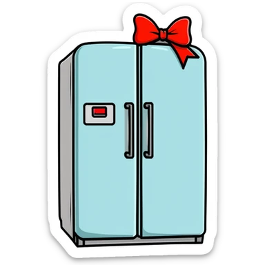 fridge with a big red bow sticker