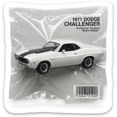 white 1971 Dodge Challenger muscle car, glossy and puffy, inspired by the movie 'Death Proof' sticker