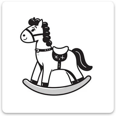 A hand-drawn toy rocking horse with western details and a cute face sticker