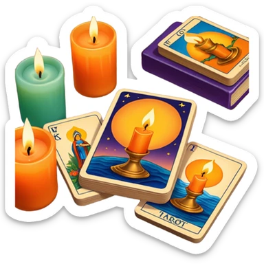 A deck of tarot cards and a candle nearby sticker