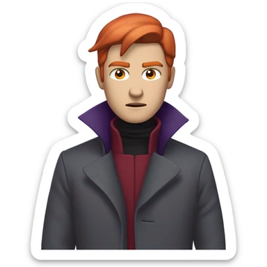 Male with pale skin, crimson red shoulder-length hair, greyish purple irises, and an angry expression. Clothing on the man is a dark greyish purple turtleneck coat with a crimson red streak going down the center of the coat. sticker