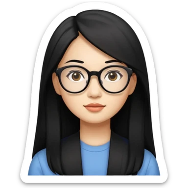 30 yr old asian woman, straight thick long black hair, big black glasses, side part sticker