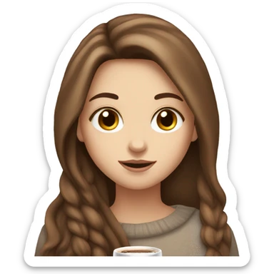 white girl with brown long hair and a hot chocolate sticker