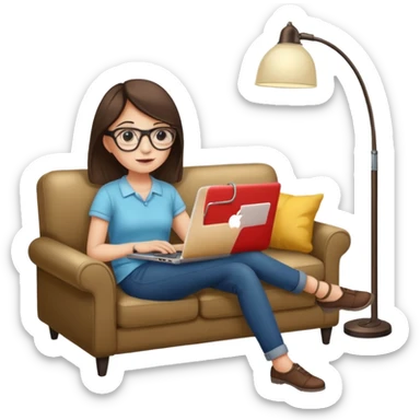 A girl is working with a laptop while lying on a sofa, with a floor lamp to the right. sticker