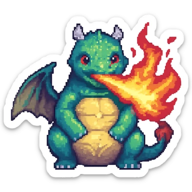 Add fire breath to the chubby dragon in pixel art style, no background, keep pixel art aesthetic and details. sticker