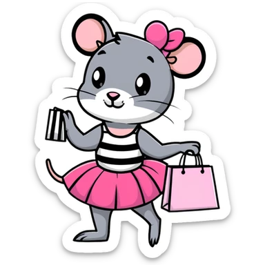 rat with a pink dress and tutu holding a black and white striped shopping bag sticker