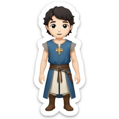 medieval summer outfit worn by a DnD themed fantasy male character. thin, sleeveless cotton tunic with a deep neckline and reinforced stitching around the shoulders. clothes only above the waist. The clothes full waist. The character's haven't arms. character is white-skinned, black hair, brown eyes, short wavy hair. sticker