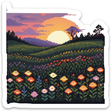sunset over a meadow with flowers sticker